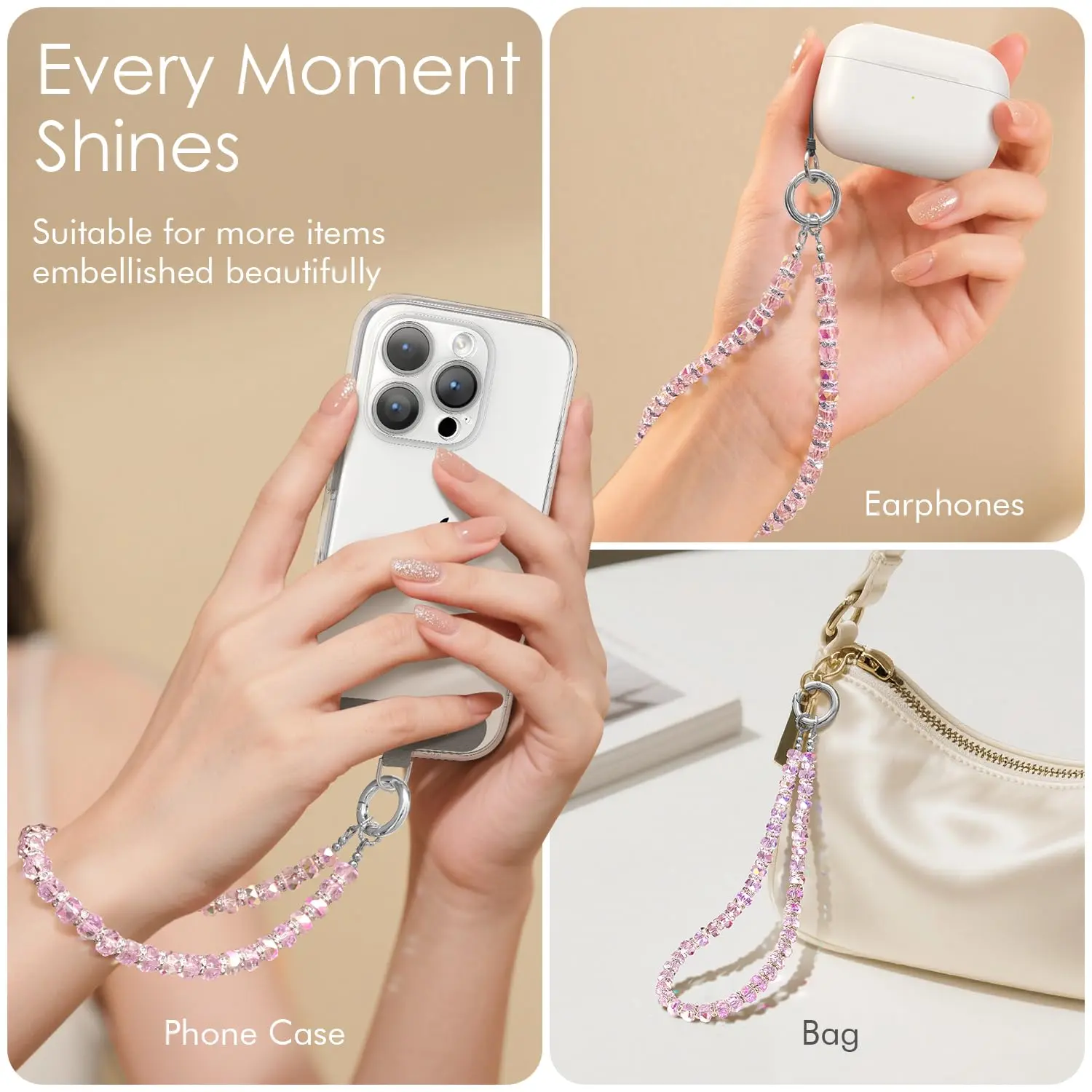 This pearl phone charm features a beaded wrist strap lanyard, made of premium glass beads and alloy steel, designed to prevent phone drops and add a fashionable touch.