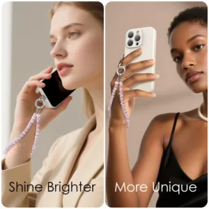 This pearl phone charm features a beaded wrist strap lanyard, made of premium glass beads and alloy steel, designed to prevent phone drops and add a fashionable touch.
