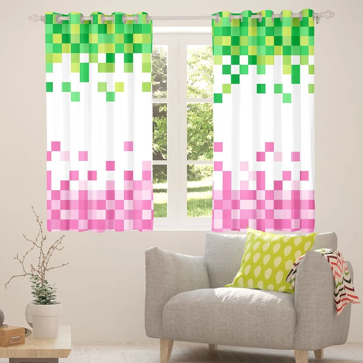 pixelated curtains pink green 6
