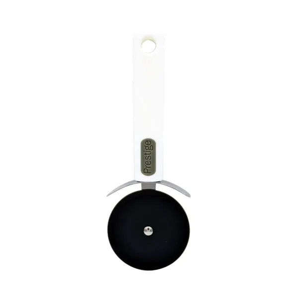 This Prestige pizza cutter wheel features a sharp stainless steel blade, an ergonomic handle with finger guard, and effortlessly cuts pizza and other foods for aesthetic serving.