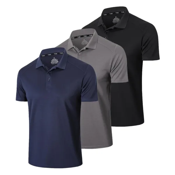This 3-pack of quick-dry polo shirts for men is made from breathable, moisture-wicking polyester, featuring a three-button design perfect for golf, work, or casual wear.