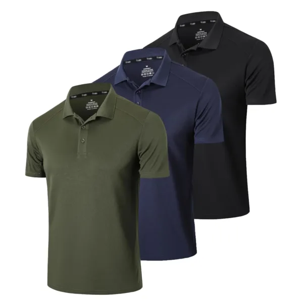 This 3-pack of quick-dry polo shirts for men is made from breathable, moisture-wicking polyester, featuring a three-button design perfect for golf, work, or casual wear.