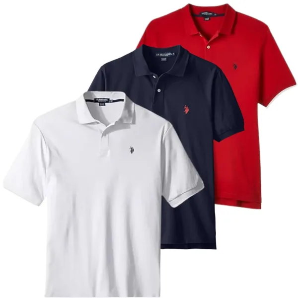 This three-pack of U.S. Polo Assn. polo shirts features a classic design with a two-button placket and the signature embroidered logo, offering a versatile and comfortable style for any occasion.