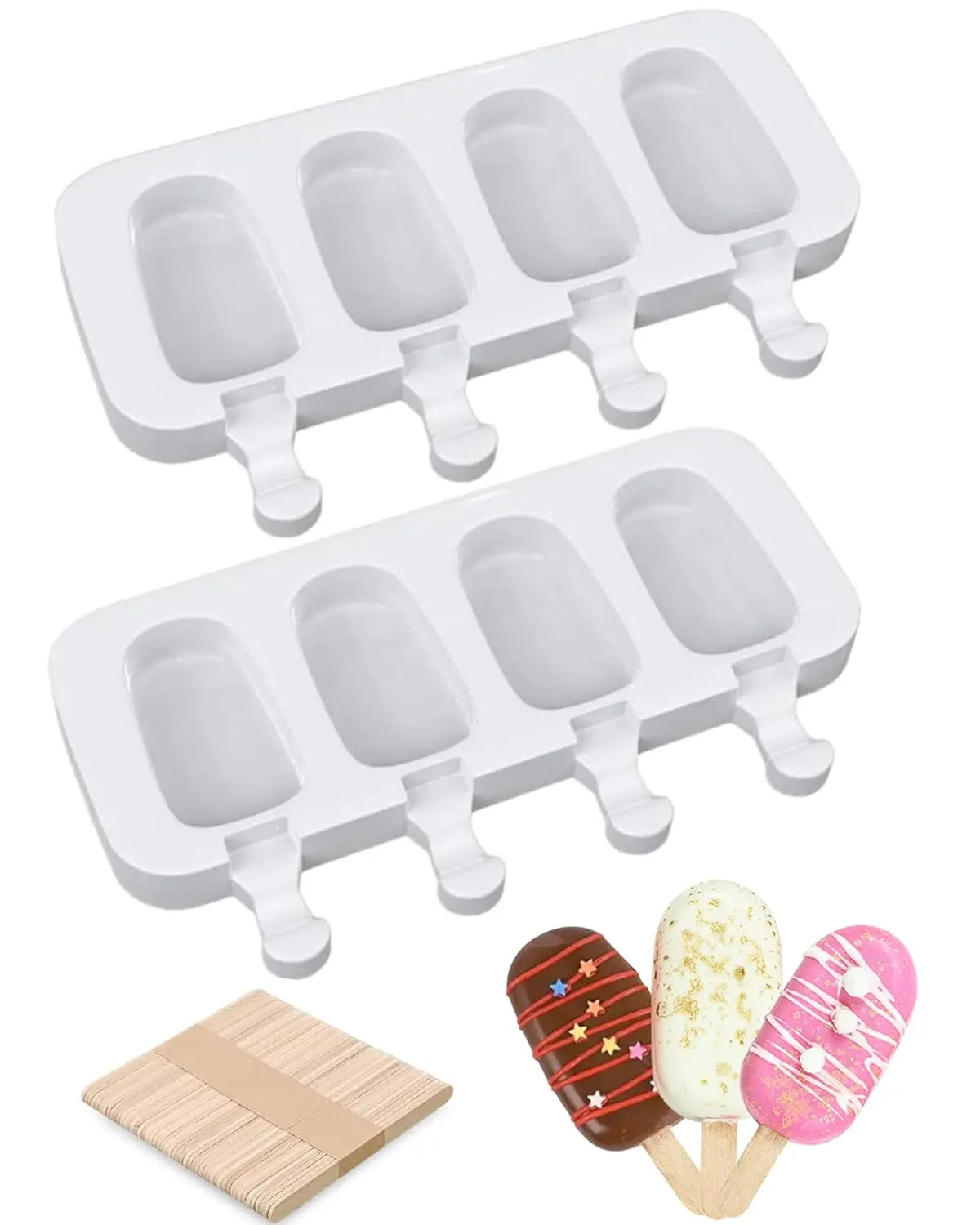 This set of two silicone popsicle molds with four cavities each comes with 50 wooden sticks and allows you to easily make homemade ice cream treats and cake pops.