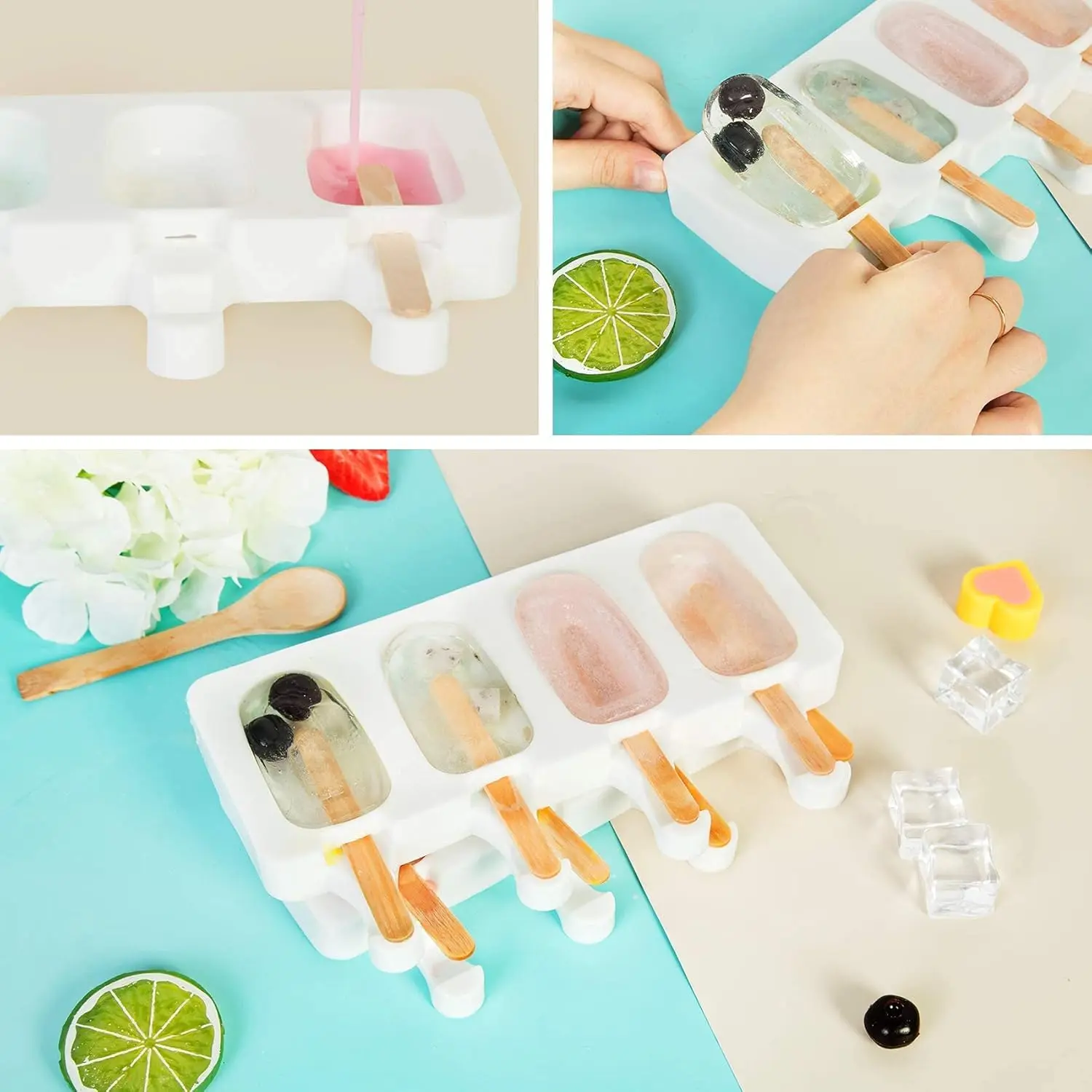This set of two silicone popsicle molds with four cavities each comes with 50 wooden sticks and allows you to easily make homemade ice cream treats and cake pops.