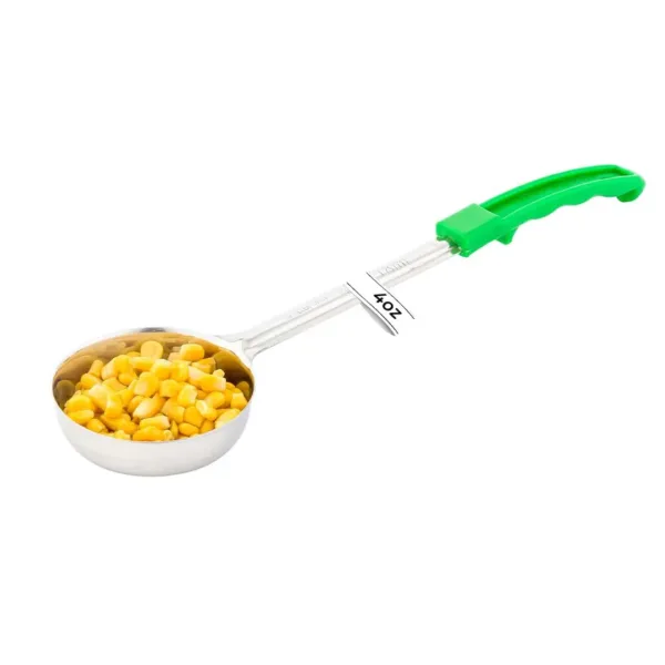 This is a four ounce perforated serving spoon made of stainless steel with a green handle that helps to serve consistent portions in your restaurant or at home.