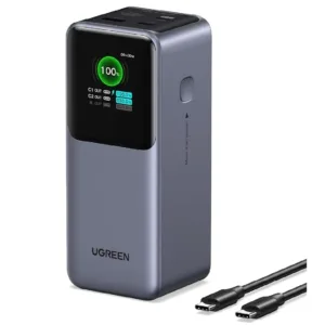 UGREEN Nexode 20000mAh power bank with smart digital display, 130W PD fast charging, 2 USB-C and 1 USB-A ports to charge MacBook, iPad, and iPhone.