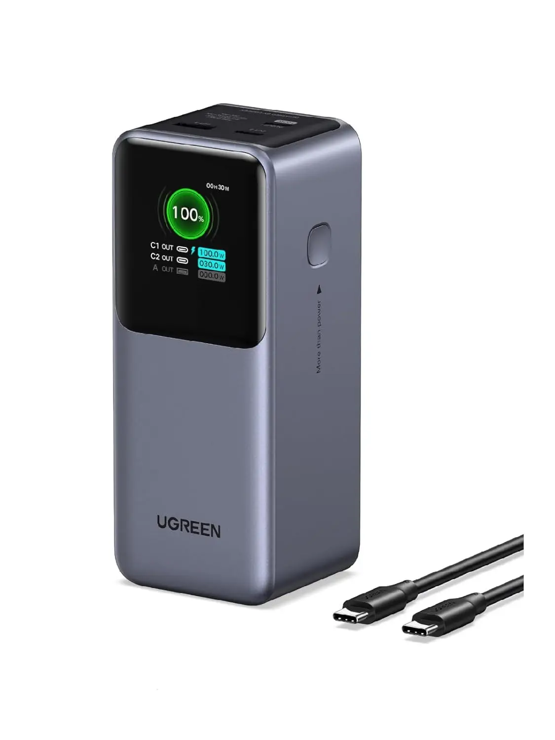 UGREEN Nexode 20000mAh power bank with smart digital display, 130W PD fast charging, 2 USB-C and 1 USB-A ports to charge MacBook, iPad, and iPhone.