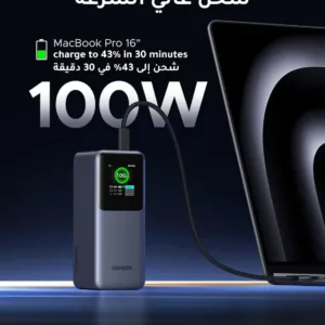 UGREEN Nexode 20000mAh power bank with smart digital display, 130W PD fast charging, 2 USB-C and 1 USB-A ports to charge MacBook, iPad, and iPhone.