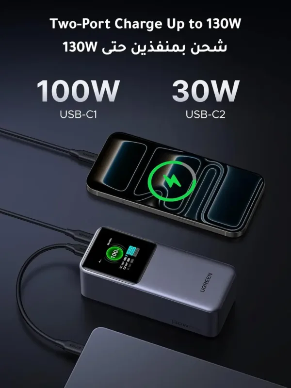 UGREEN Nexode 20000mAh power bank with smart digital display, 130W PD fast charging, 2 USB-C and 1 USB-A ports to charge MacBook, iPad, and iPhone.