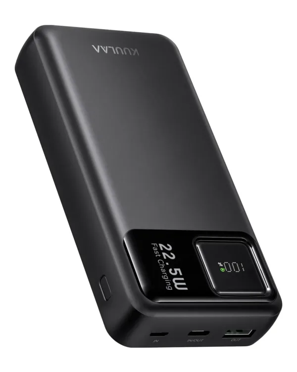Kuulaa 20000mAh power bank with LED display, offering 22.5W fast charging for iPhones, Samsung phones, and other devices, featuring multiple outputs and inputs for charging two devices simultaneously.