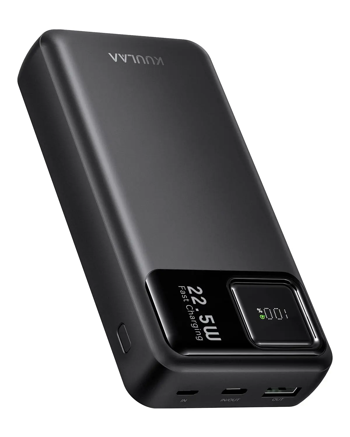 Kuulaa 20000mAh power bank with LED display, offering 22.5W fast charging for iPhones, Samsung phones, and other devices, featuring multiple outputs and inputs for charging two devices simultaneously.