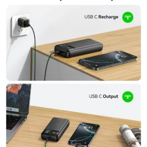 Kuulaa 20000mAh power bank with LED display, offering 22.5W fast charging for iPhones, Samsung phones, and other devices, featuring multiple outputs and inputs for charging two devices simultaneously.