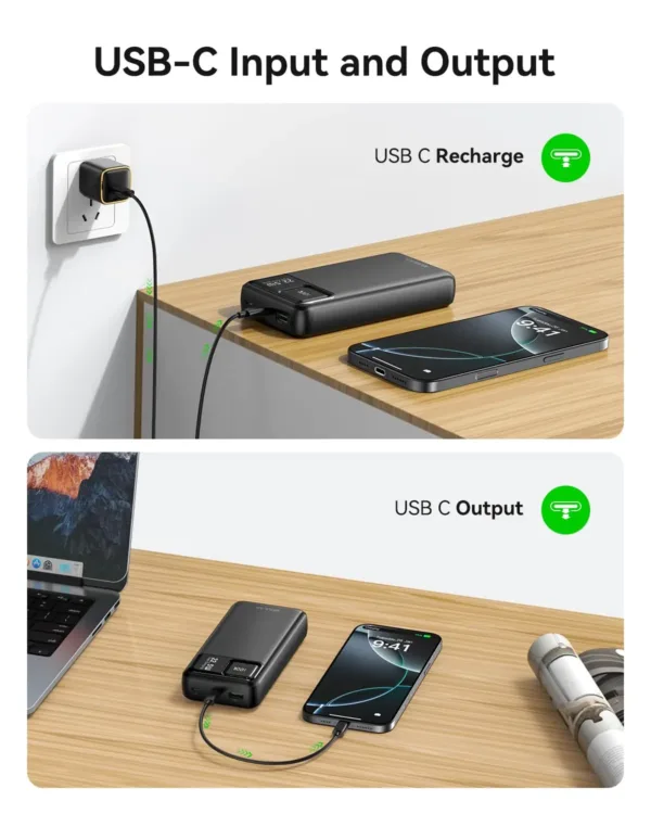 Kuulaa 20000mAh power bank with LED display, offering 22.5W fast charging for iPhones, Samsung phones, and other devices, featuring multiple outputs and inputs for charging two devices simultaneously.