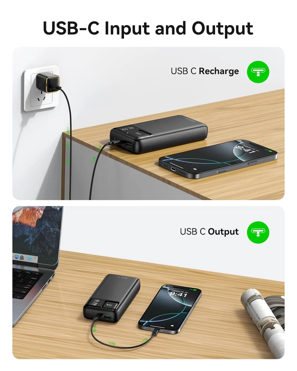 Kuulaa 20000mAh power bank with LED display, offering 22.5W fast charging for iPhones, Samsung phones, and other devices, featuring multiple outputs and inputs for charging two devices simultaneously.