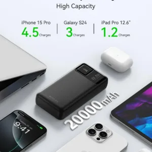 Kuulaa 20000mAh power bank with LED display, offering 22.5W fast charging for iPhones, Samsung phones, and other devices, featuring multiple outputs and inputs for charging two devices simultaneously.