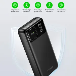 Kuulaa 20000mAh power bank with LED display, offering 22.5W fast charging for iPhones, Samsung phones, and other devices, featuring multiple outputs and inputs for charging two devices simultaneously.