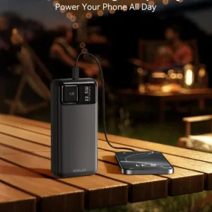 Kuulaa 20000mAh power bank with LED display, offering 22.5W fast charging for iPhones, Samsung phones, and other devices, featuring multiple outputs and inputs for charging two devices simultaneously.