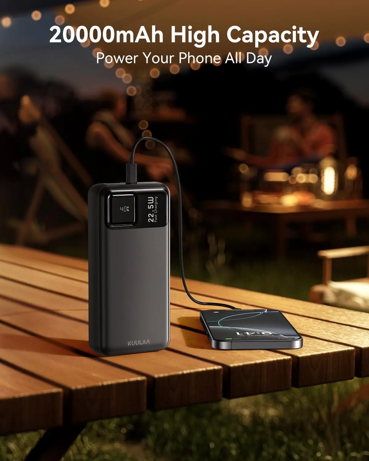 Kuulaa 20000mAh power bank with LED display, offering 22.5W fast charging for iPhones, Samsung phones, and other devices, featuring multiple outputs and inputs for charging two devices simultaneously.
