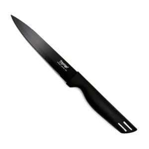 This Prestige Basics 11cm utility knife features a sharp, corrosion-resistant stainless steel blade and a lightweight, ergonomic black polypropylene handle for comfortable and efficient cutting in the kitchen.