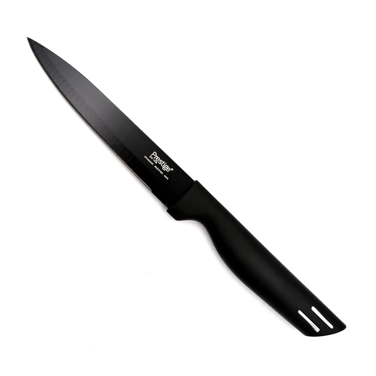 This Prestige Basics 11cm utility knife features a sharp, corrosion-resistant stainless steel blade and a lightweight, ergonomic black polypropylene handle for comfortable and efficient cutting in the kitchen.