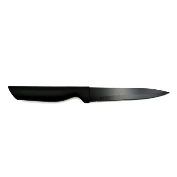 This Prestige Basics 11cm utility knife features a sharp, corrosion-resistant stainless steel blade and a lightweight, ergonomic black polypropylene handle for comfortable and efficient cutting in the kitchen.