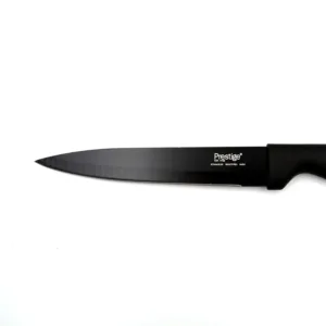 This Prestige Basics 11cm utility knife features a sharp, corrosion-resistant stainless steel blade and a lightweight, ergonomic black polypropylene handle for comfortable and efficient cutting in the kitchen.