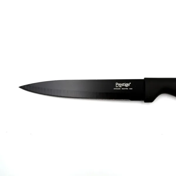 This Prestige Basics 11cm utility knife features a sharp, corrosion-resistant stainless steel blade and a lightweight, ergonomic black polypropylene handle for comfortable and efficient cutting in the kitchen.