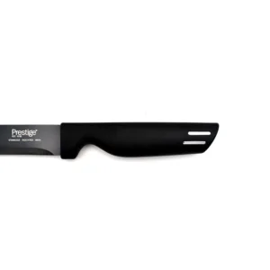 This Prestige Basics 11cm utility knife features a sharp, corrosion-resistant stainless steel blade and a lightweight, ergonomic black polypropylene handle for comfortable and efficient cutting in the kitchen.