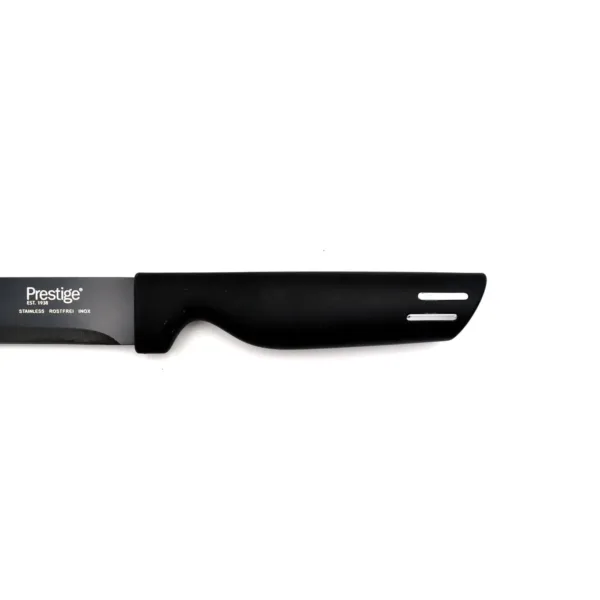 This Prestige Basics 11cm utility knife features a sharp, corrosion-resistant stainless steel blade and a lightweight, ergonomic black polypropylene handle for comfortable and efficient cutting in the kitchen.
