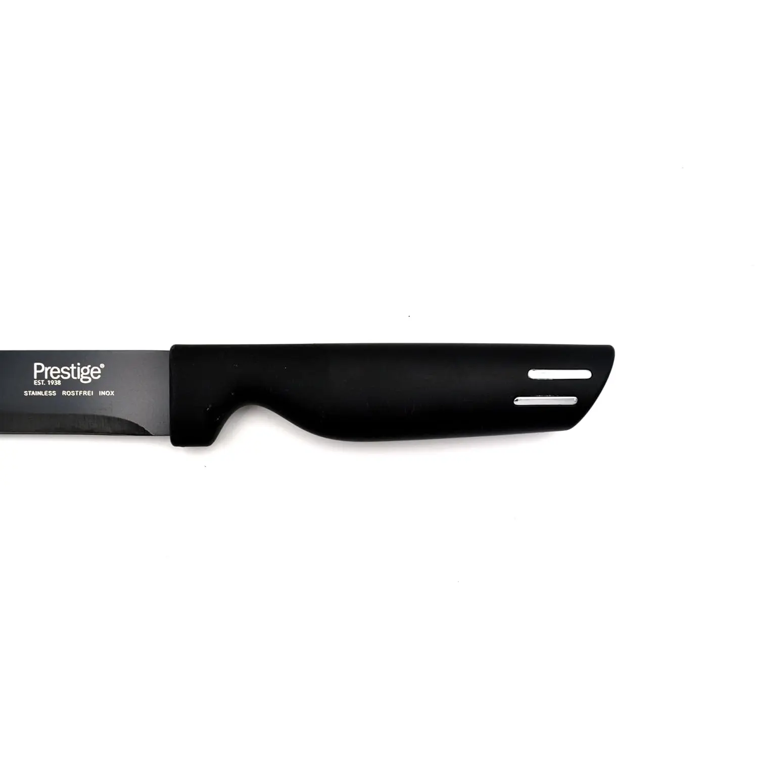 This Prestige Basics 11cm utility knife features a sharp, corrosion-resistant stainless steel blade and a lightweight, ergonomic black polypropylene handle for comfortable and efficient cutting in the kitchen.