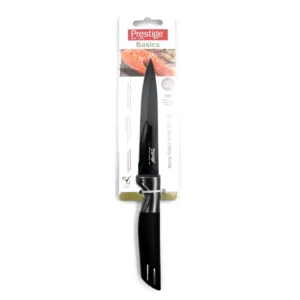 This Prestige Basics 11cm utility knife features a sharp, corrosion-resistant stainless steel blade and a lightweight, ergonomic black polypropylene handle for comfortable and efficient cutting in the kitchen.