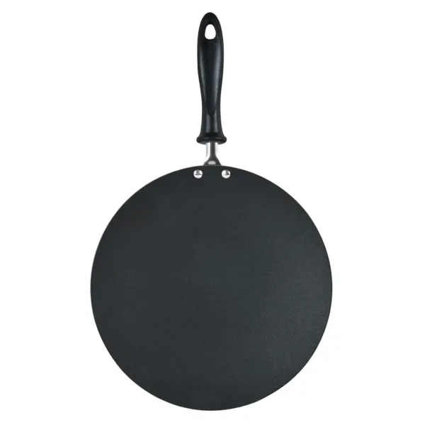This is a black 30cm Prestige concave tawa with a nonstick surface and a phenolic handle, suitable for gas, radiant ring and solid plate cooktops and oven-safe up to 350°F.