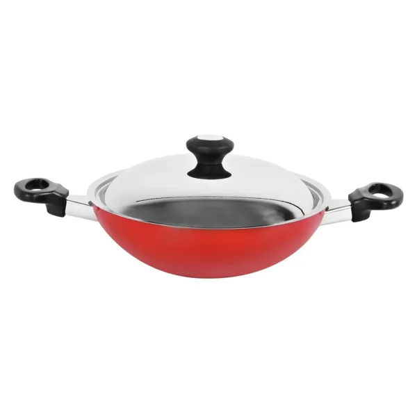 This red Prestige flat bottom kadai features a non-stick coating for healthy, low-fat cooking and comes with a metal lid to preserve nutrients and flavor.