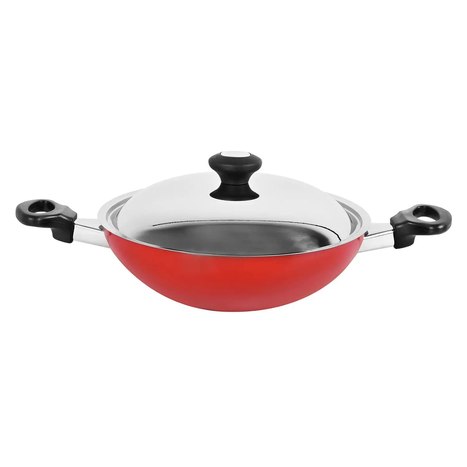 This red Prestige flat bottom kadai features a non-stick coating for healthy, low-fat cooking and comes with a metal lid to preserve nutrients and flavor.