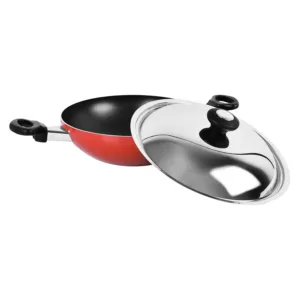 This red Prestige flat bottom kadai features a non-stick coating for healthy, low-fat cooking and comes with a metal lid to preserve nutrients and flavor.