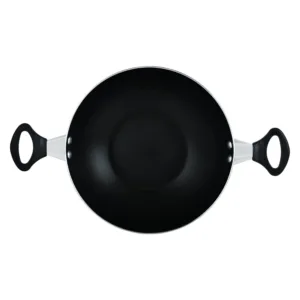 This red Prestige flat bottom kadai features a non-stick coating for healthy, low-fat cooking and comes with a metal lid to preserve nutrients and flavor.