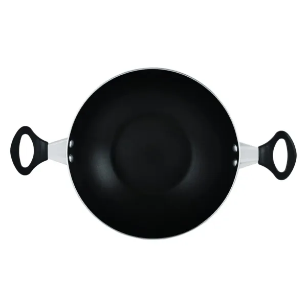 This red Prestige flat bottom kadai features a non-stick coating for healthy, low-fat cooking and comes with a metal lid to preserve nutrients and flavor.