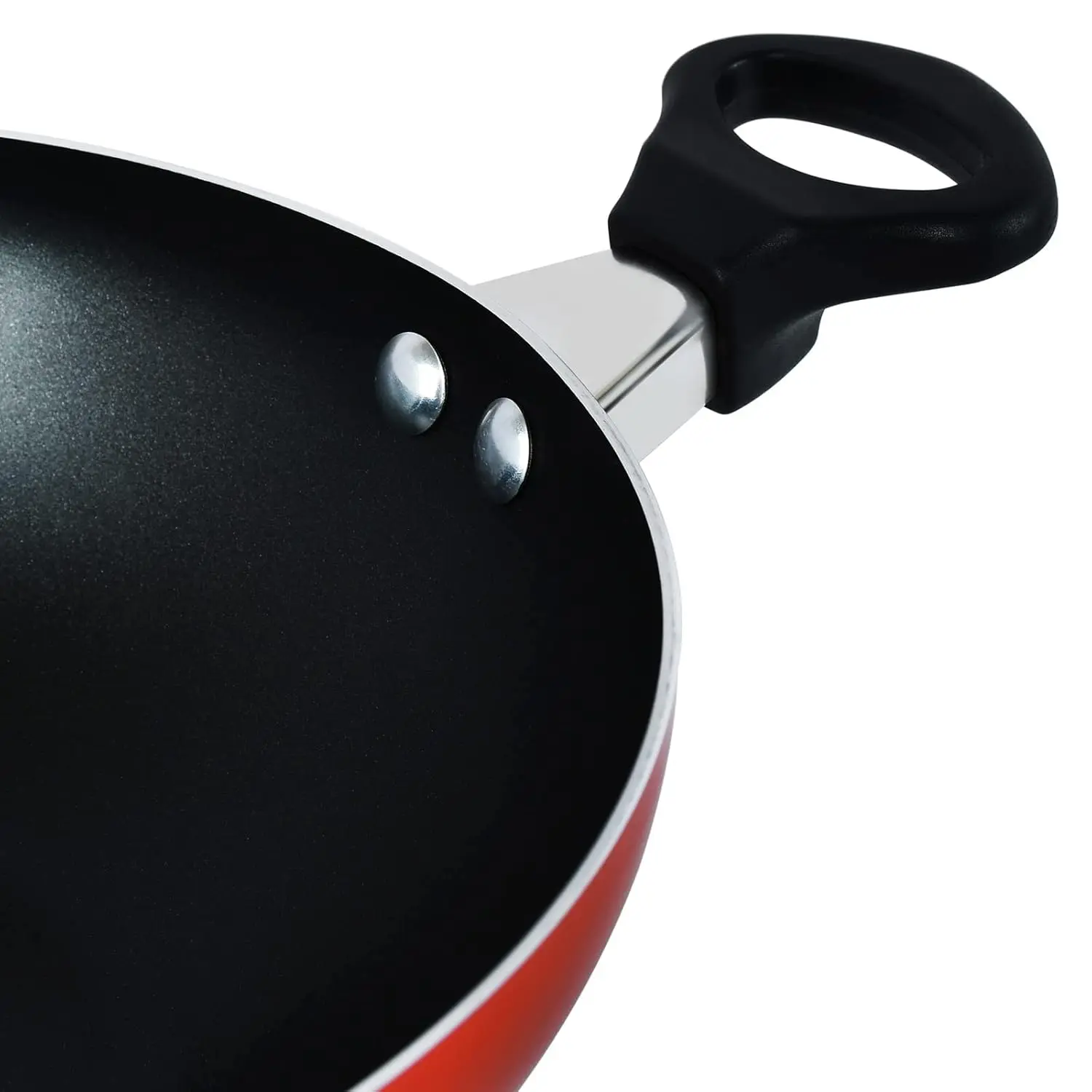 This red Prestige flat bottom kadai features a non-stick coating for healthy, low-fat cooking and comes with a metal lid to preserve nutrients and flavor.