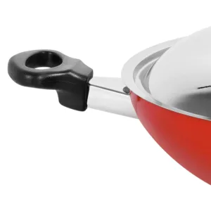 This red Prestige flat bottom kadai features a non-stick coating for healthy, low-fat cooking and comes with a metal lid to preserve nutrients and flavor.