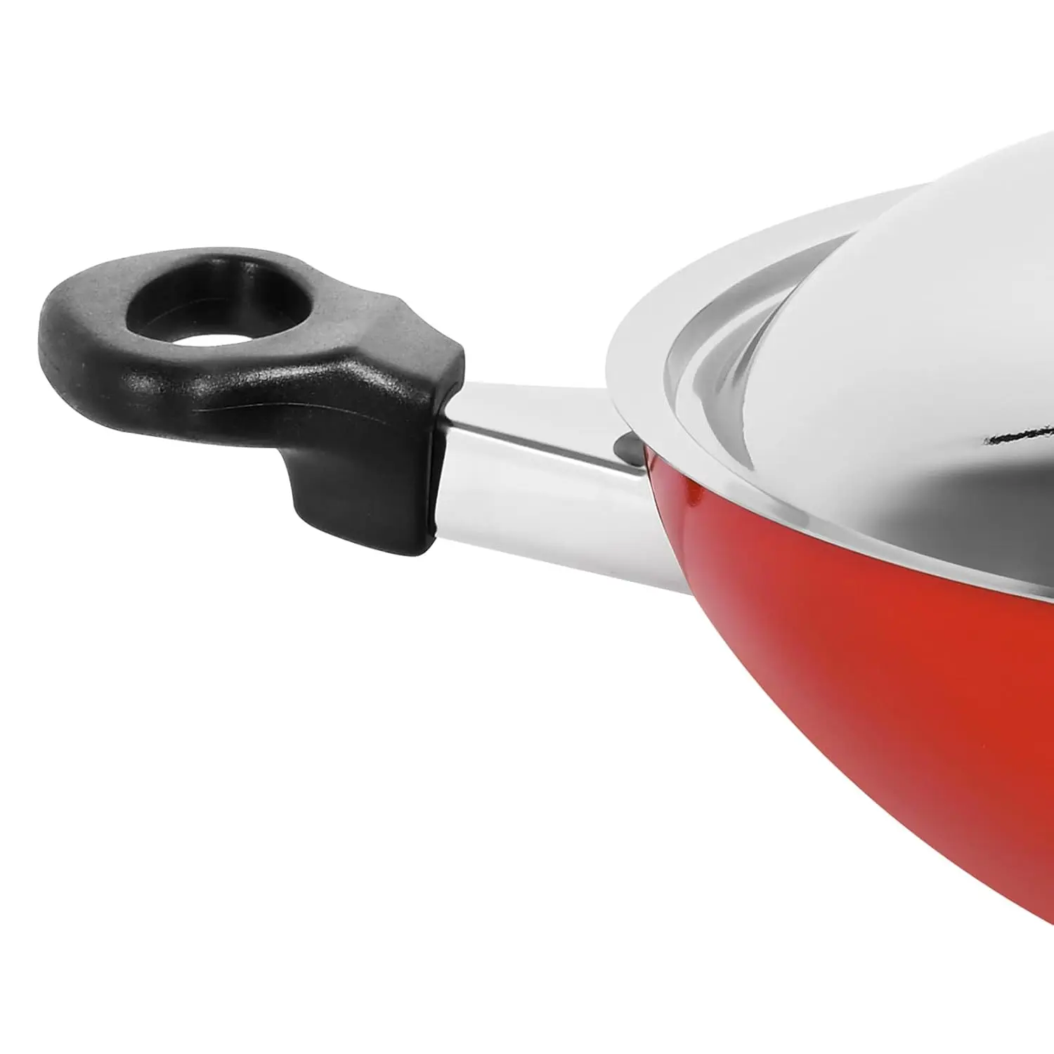 This red Prestige flat bottom kadai features a non-stick coating for healthy, low-fat cooking and comes with a metal lid to preserve nutrients and flavor.