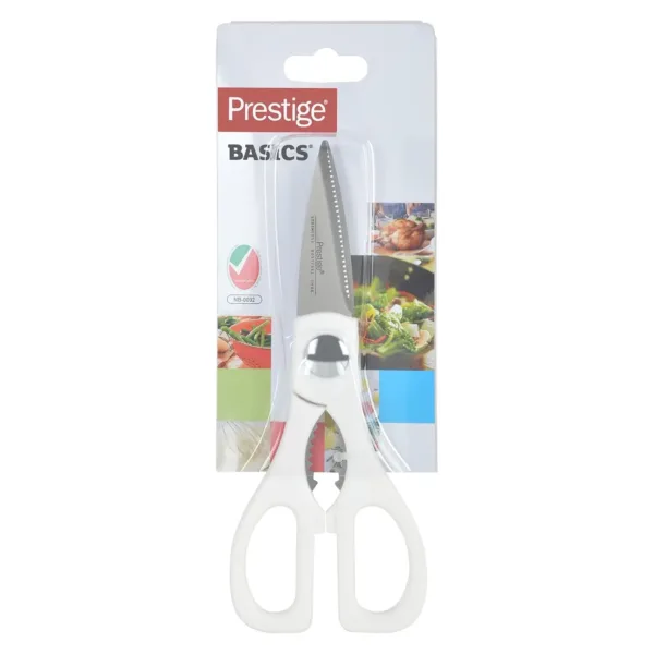 This image showcases the Prestige Kitchen Scissors, made from durable stainless steel with sharp blades for easily cutting meat, vegetables, paper and plastic.