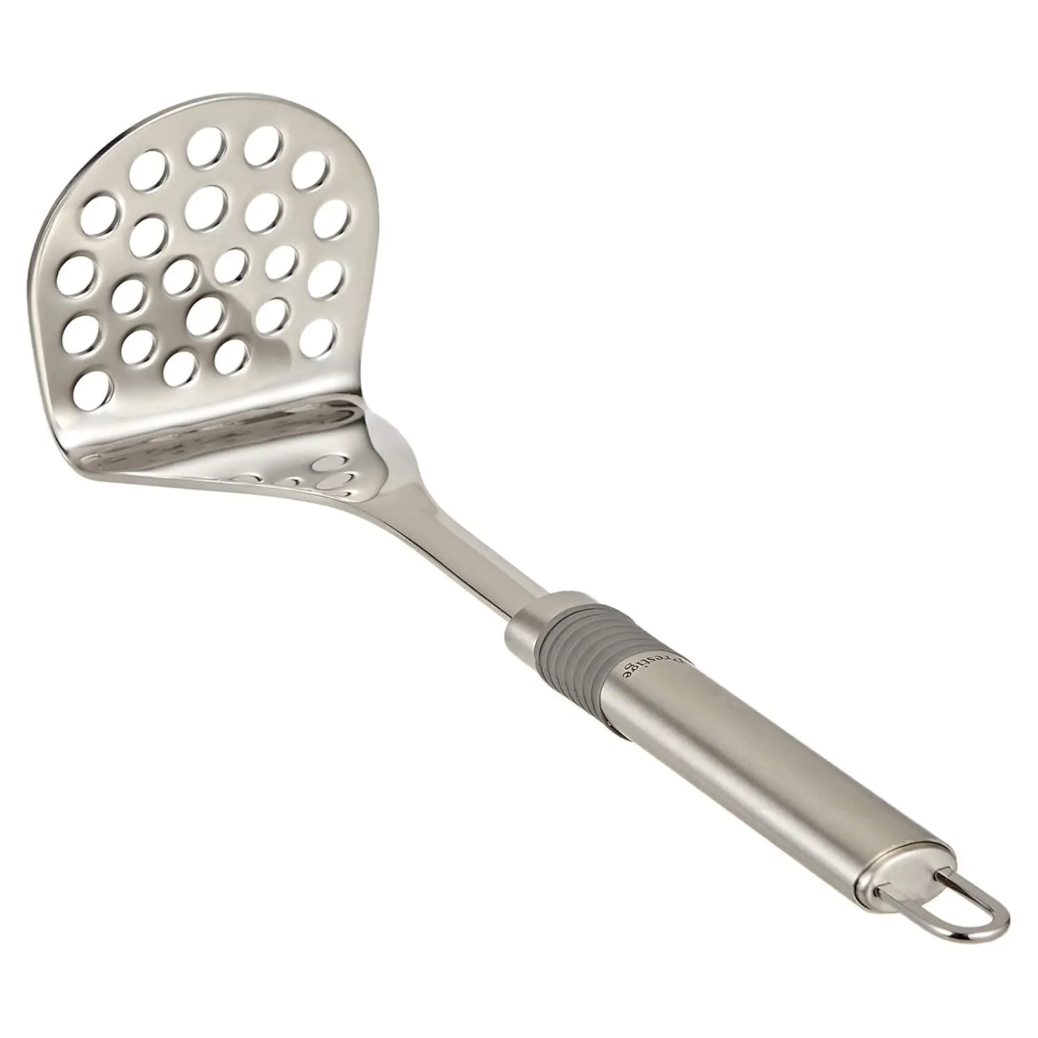 A Prestige ProGrip food masher made of mixed materials is shown.