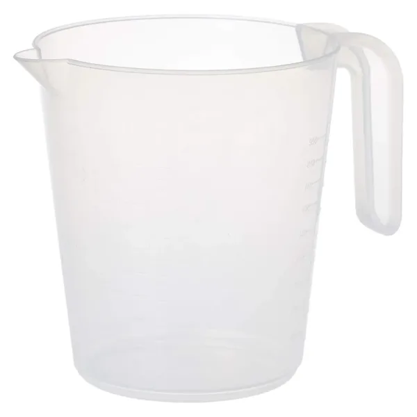 A clear Prestige 1 Litre measuring jug, featuring white measurement markings, sits on a plain background.