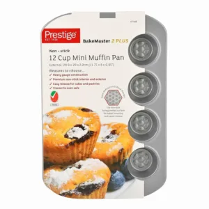 Bake delicious mini muffins with ease using the Prestige 12-cup muffin tin, featuring a nonstick surface, durable carbon steel construction, and a honeycomb base for even browning and easy release.