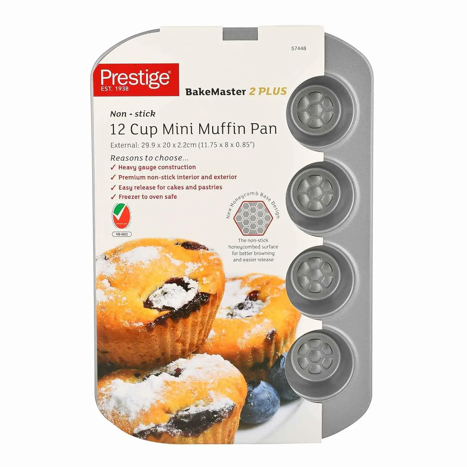Bake delicious mini muffins with ease using the Prestige 12-cup muffin tin, featuring a nonstick surface, durable carbon steel construction, and a honeycomb base for even browning and easy release.