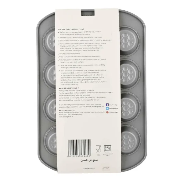 Bake delicious mini muffins with ease using the Prestige 12-cup muffin tin, featuring a nonstick surface, durable carbon steel construction, and a honeycomb base for even browning and easy release.