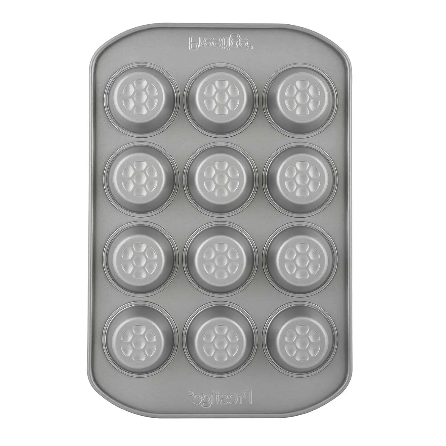 Bake delicious mini muffins with ease using the Prestige 12-cup muffin tin, featuring a nonstick surface, durable carbon steel construction, and a honeycomb base for even browning and easy release.