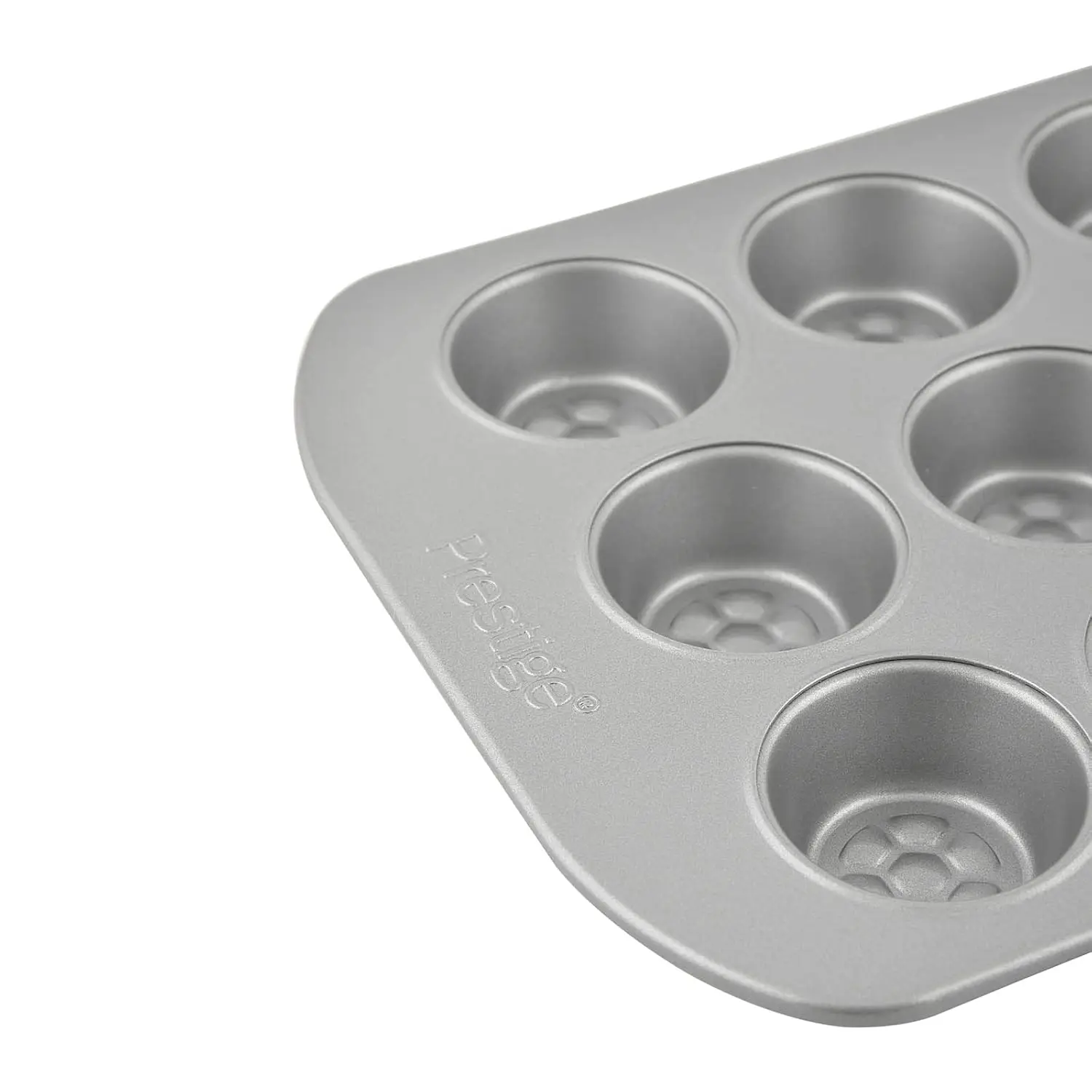 Bake delicious mini muffins with ease using the Prestige 12-cup muffin tin, featuring a nonstick surface, durable carbon steel construction, and a honeycomb base for even browning and easy release.