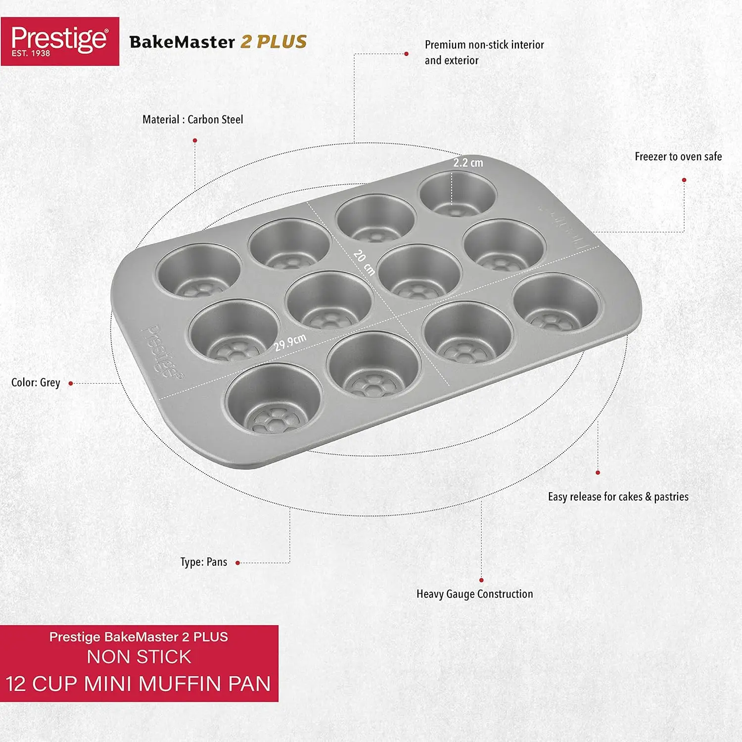 Bake delicious mini muffins with ease using the Prestige 12-cup muffin tin, featuring a nonstick surface, durable carbon steel construction, and a honeycomb base for even browning and easy release.